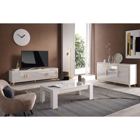 Buffet 3 Portes Laqué Blanc et Décor Doré avec Leds - ALEON