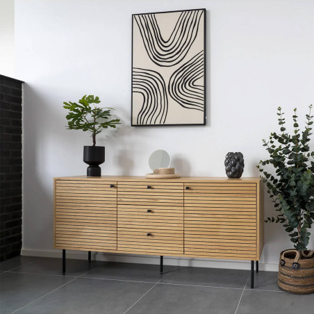 Buffet 3 tiroirs 2 portes effet tasseaux teinté chêne clair - LOWIA