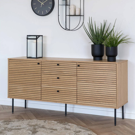 Buffet 3 tiroirs 2 portes effet tasseaux teinté chêne clair - LOWIA