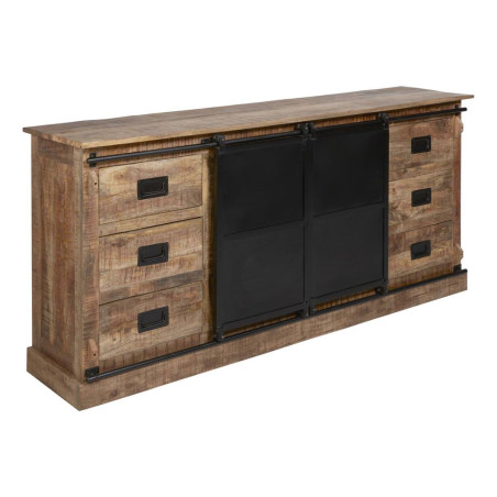 Buffet 2 portes coulissantes 6 tiroirs manguier métal noir - RAJANOR