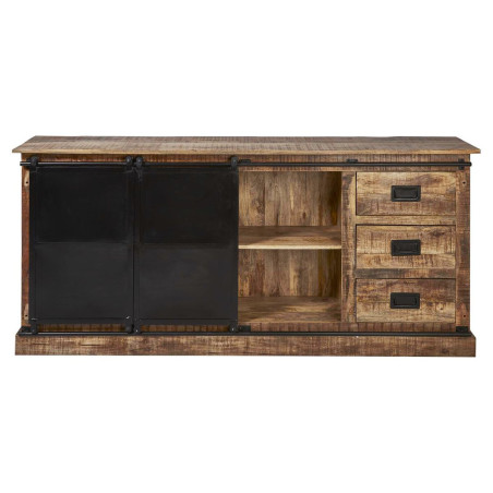 Buffet 2 portes coulissantes 6 tiroirs manguier métal noir - RAJANOR