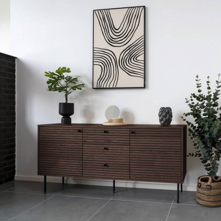 Buffet 3 tiroirs 2 portes effet tasseaux teinté chêne foncé - LOWIA