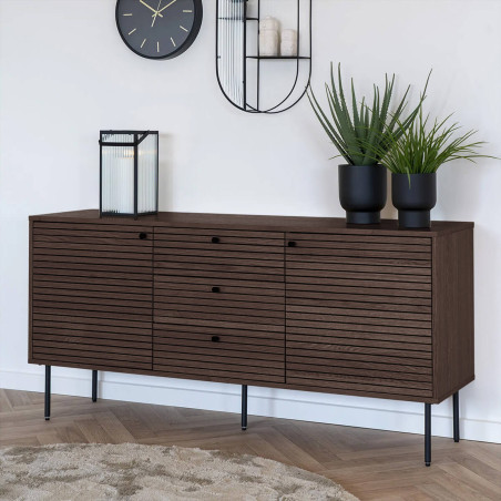 Buffet 3 tiroirs 2 portes effet tasseaux teinté chêne foncé - LOWIA