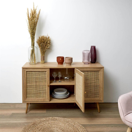 Buffet 3 portes effet bois et façades rotin - MAYRO