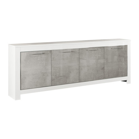 Buffet 4 portes L207 cm laqué blanc brillant et gris marbré - DENEA