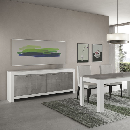 Buffet 4 portes L207 cm laqué blanc brillant et gris marbré - DENEA