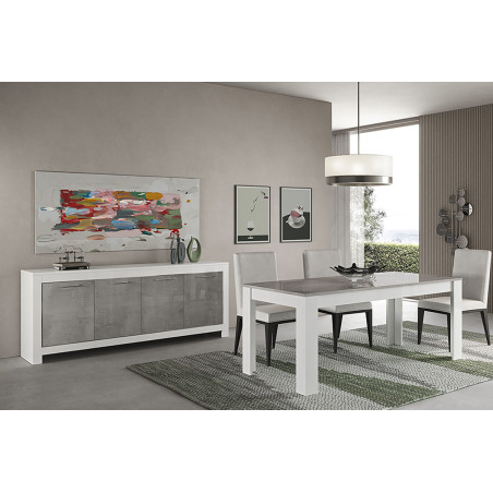 Buffet 4 portes L207 cm laqué blanc brillant et gris marbré - DENEA