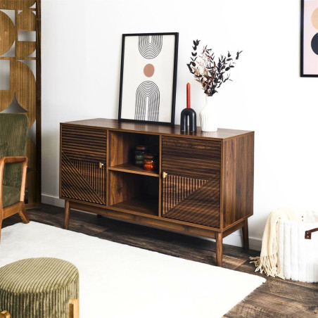 Buffet 2 portes 2 niches en bois et MDF teinté chêne foncé - COTELE