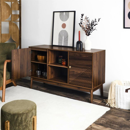 Buffet 2 portes 2 niches en bois et MDF teinté chêne foncé - COTELE