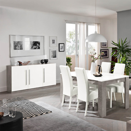 Buffet 3 portes moderne laqué blanc et marbre poignées métal - ALANA