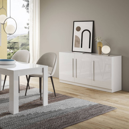 Buffet 3 portes moderne laqué blanc poignées métal - ALANA
