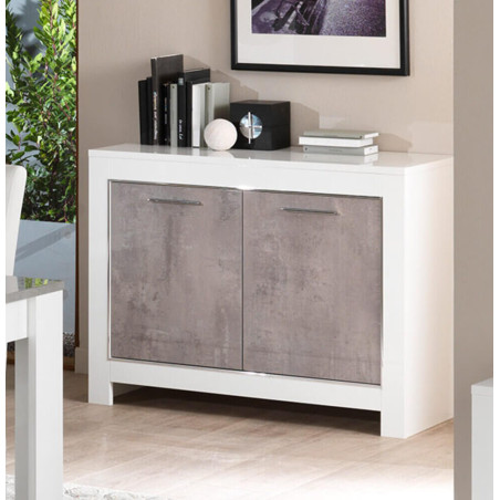 Buffet 2 portes L112cm laqué blanc brillant et gris marbré - DENEA