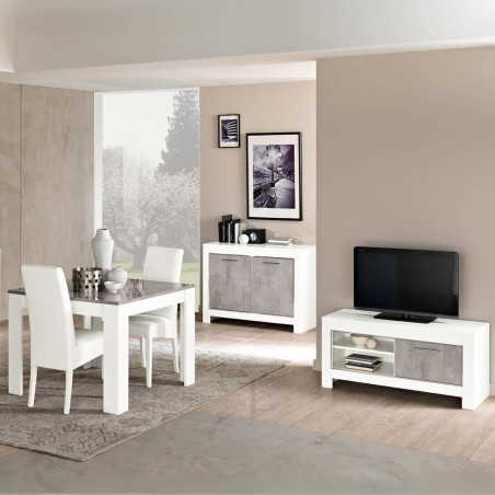 Buffet 2 portes L112cm laqué blanc brillant et gris marbré - DENEA