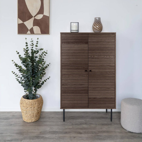 Buffet haut 2 portes effet tasseaux teinté chêne foncé - LOWIA