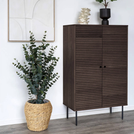 Buffet haut 2 portes effet tasseaux teinté chêne foncé - LOWIA