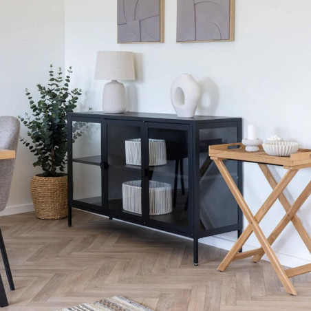 Buffet 3 portes verre et acier noir - HENIO