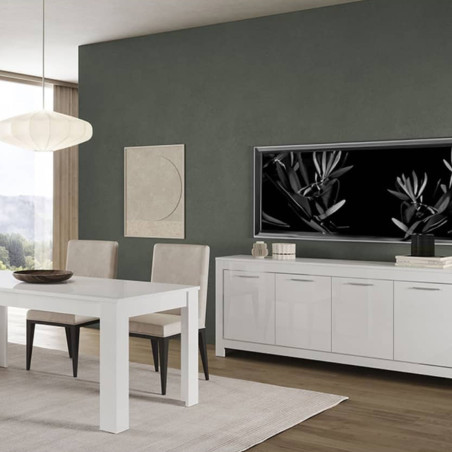 Buffet 4 Portes L207cm Laqué Blanc Brillant - DENEA