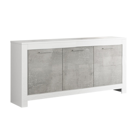 Buffet 3 Portes L160cm Laqué Blanc Brillant et Gris Marbré - DENEA