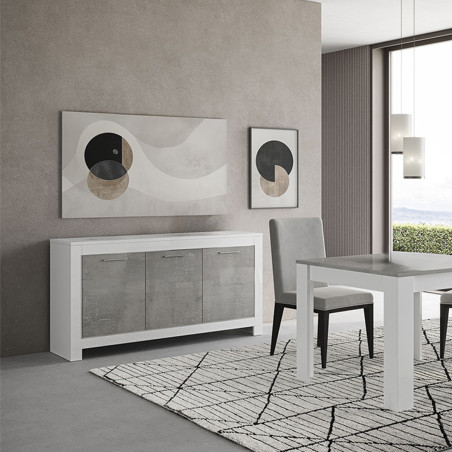Buffet 3 Portes L160cm Laqué Blanc Brillant et Gris Marbré - DENEA
