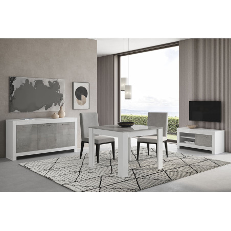 Buffet 3 Portes L160cm Laqué Blanc Brillant et Gris Marbré - DENEA