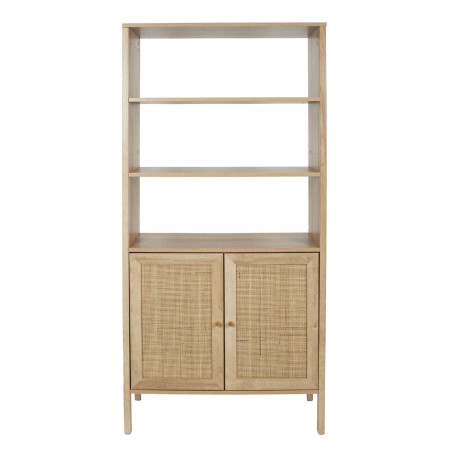 Rangement 2 portes + étagères effet bois et façades rotin - MAYRO