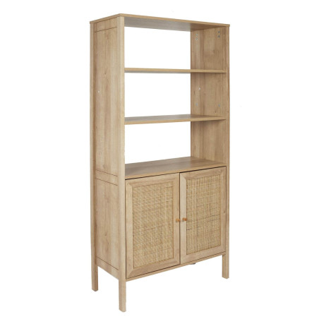 Rangement 2 portes + étagères effet bois et façades rotin - MAYRO