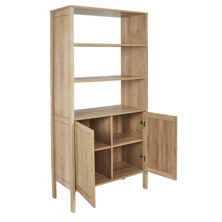 Rangement 2 portes + étagères effet bois et façades rotin - MAYRO