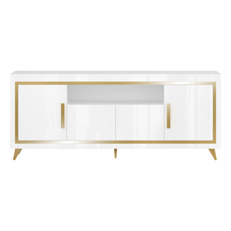 Buffet 4 portes laqué blanc et décor doré avec leds - ALEON