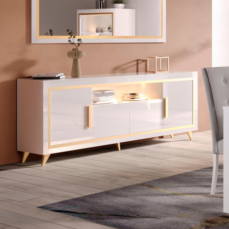 Buffet 4 portes laqué blanc et décor doré avec leds - ALEON