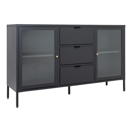 Buffet 2 portes vitrées 3 tiroirs en métal laqué noir - HUGIA