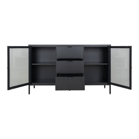 Buffet 2 portes vitrées 3 tiroirs en métal laqué noir - HUGIA