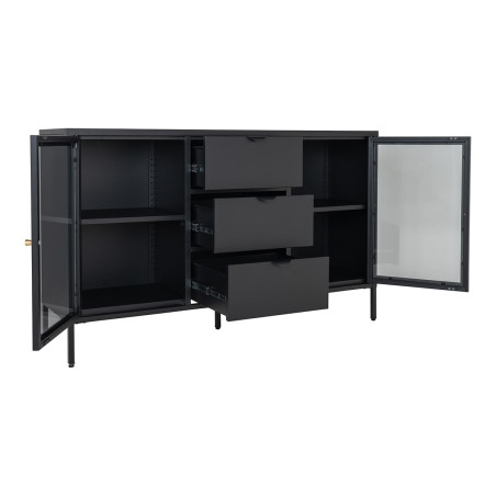 Buffet 2 portes vitrées 3 tiroirs en métal laqué noir - HUGIA