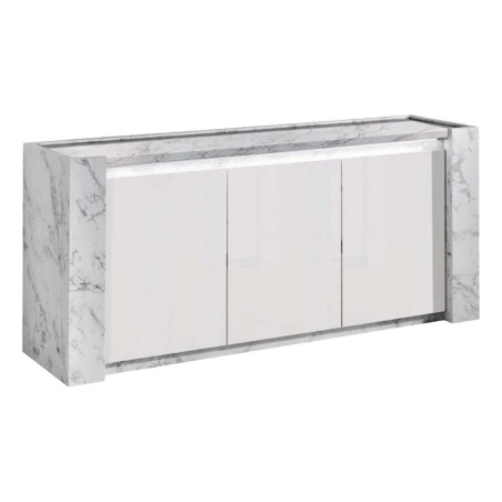 Buffet 3 Portes Laqué Blanc Effet Marbre avec Leds - BELANA
