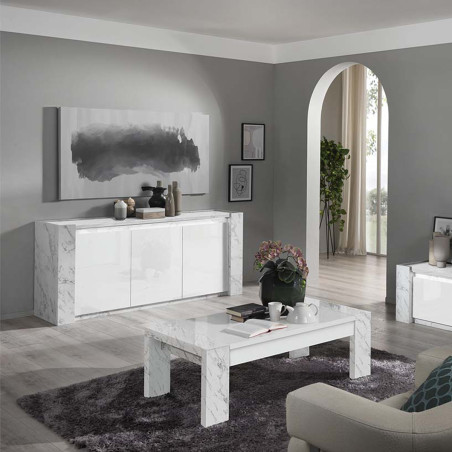 Buffet 3 Portes Laqué Blanc Effet Marbre avec Leds - BELANA