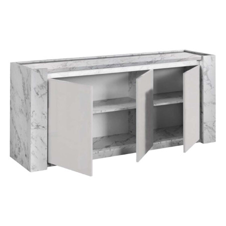 Buffet 3 Portes Laqué Blanc Effet Marbre avec Leds - BELANA