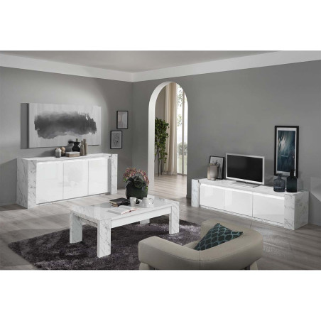 Buffet 3 Portes Laqué Blanc Effet Marbre avec Leds - BELANA