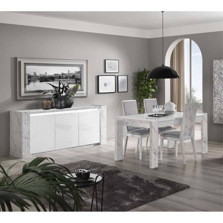 Buffet 3 Portes Laqué Blanc Effet Marbre avec Leds - BELANA