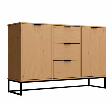Buffet 2 portes 3 tiroirs en pin massif teinté chêne piètement noir - CATHEN