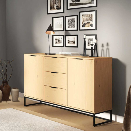 Buffet 2 portes 3 tiroirs en pin massif teinté chêne piètement noir - CATHEN
