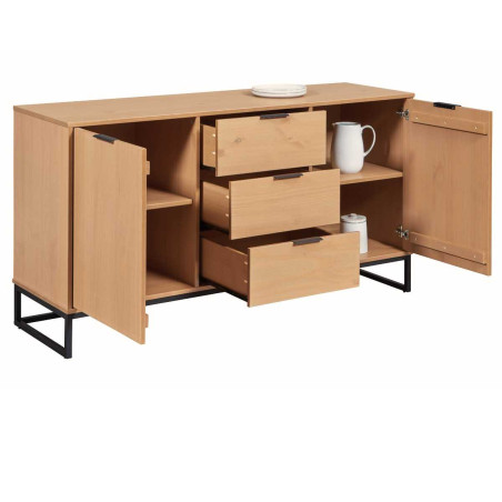 Buffet 2 portes 3 tiroirs en pin massif teinté chêne piètement noir - CATHEN