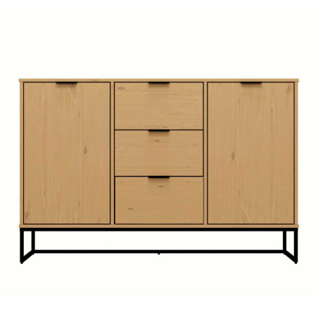 Buffet 2 portes 3 tiroirs en pin massif teinté chêne piètement noir - CATHEN