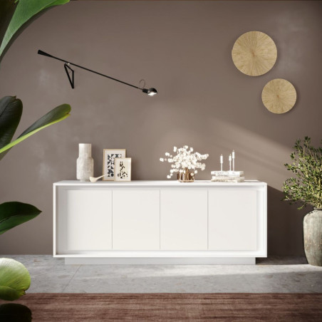Buffet 4 portes blanc laqué piètement socle - POLVIA