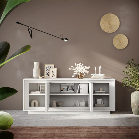 Buffet 4 portes blanc laqué piètement socle - POLVIA