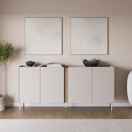 Buffet 4 portes mélaminé beige et aspect bois avec découpe bandeau - LIWENNOR