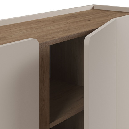 Buffet 4 portes mélaminé beige et aspect bois avec découpe bandeau - LIWENNOR