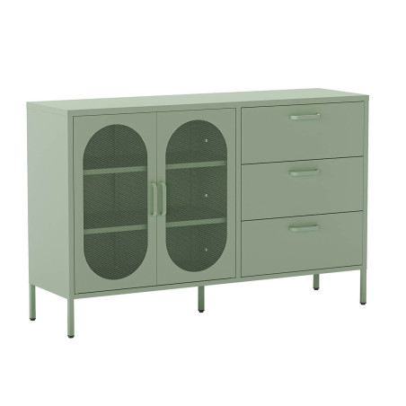 Buffet 2 portes ajourées 3 tiroirs en métal vert menthe - OLIRA