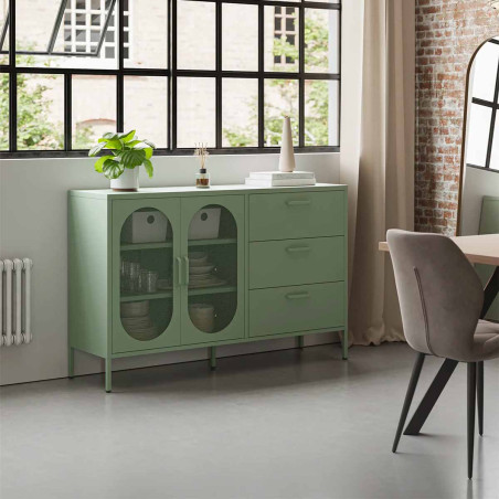 Buffet 2 portes ajourées 3 tiroirs en métal vert menthe - OLIRA