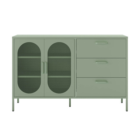 Buffet 2 portes ajourées 3 tiroirs en métal vert menthe - OLIRA