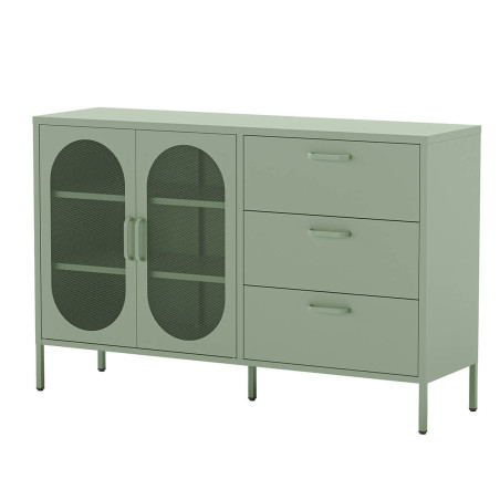 Buffet 2 portes ajourées 3 tiroirs en métal vert menthe - OLIRA