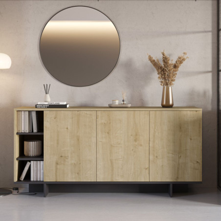 Buffet 3 portes 3 niches 170 cm mélaminé bois et noir - ESQUISSOR